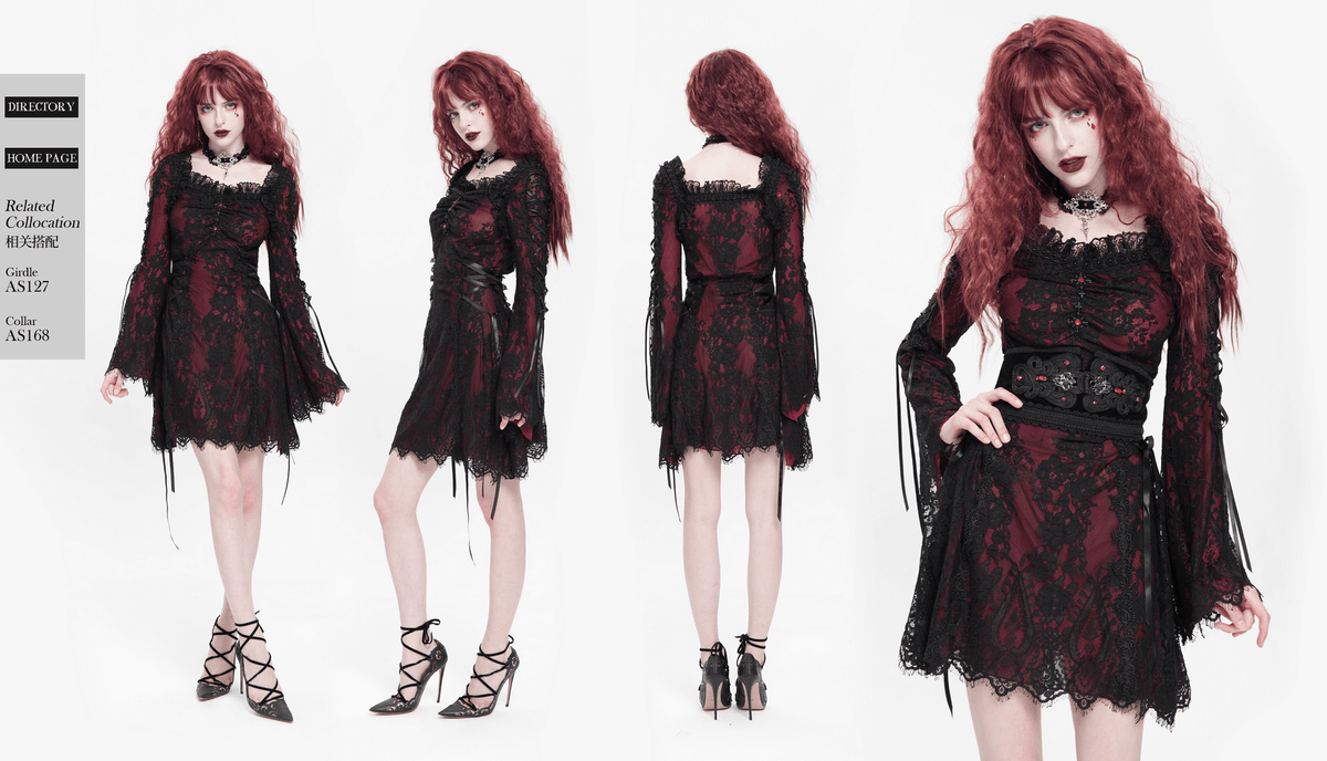Gothic Lace Wine Red and Black Long Sleeve Mini Dress - image 24