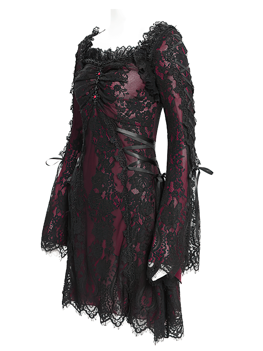 Gothic Lace Wine Red and Black Long Sleeve Mini Dress - image 5