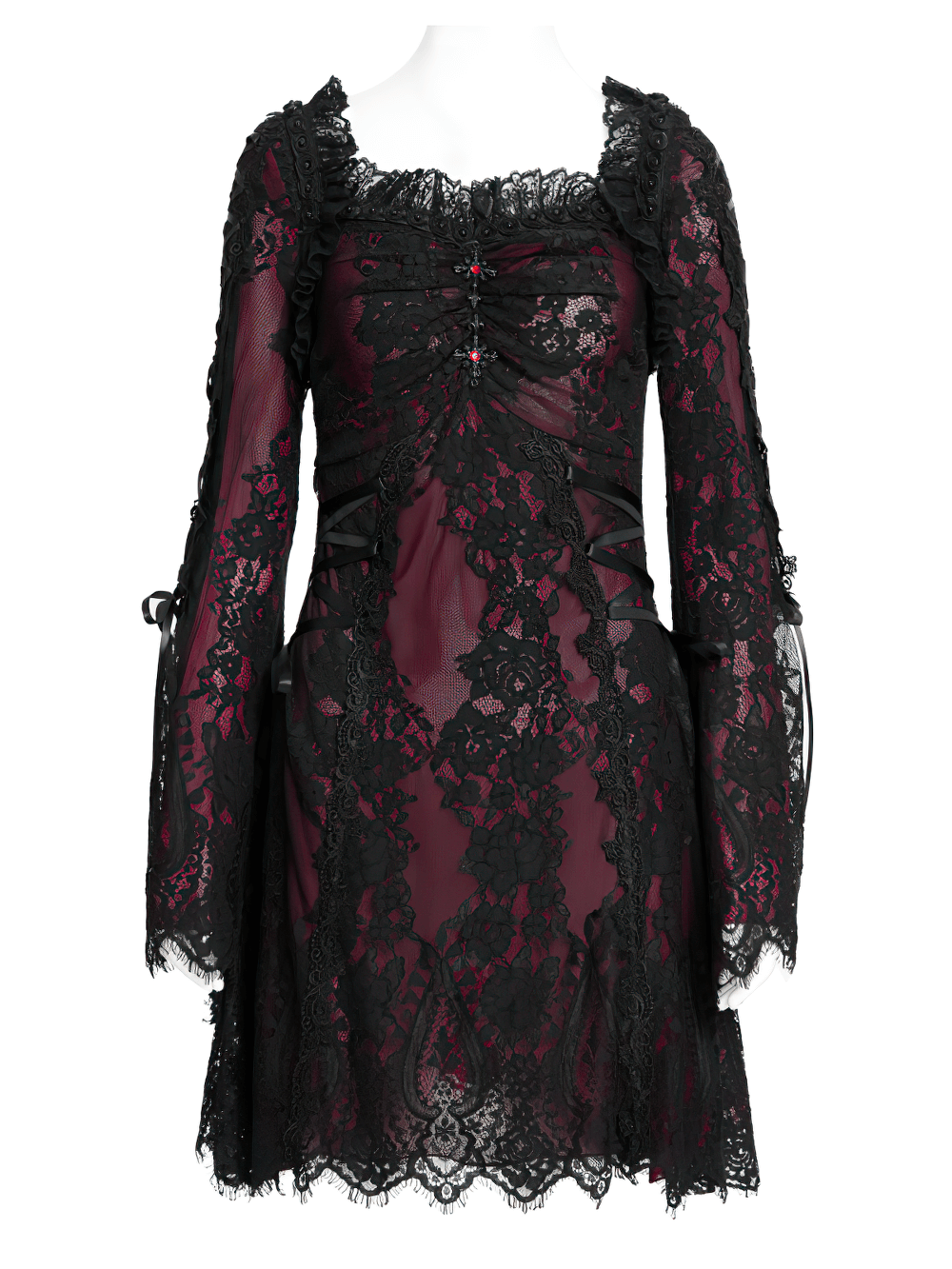 Gothic Lace Wine Red and Black Long Sleeve Mini Dress - image 4