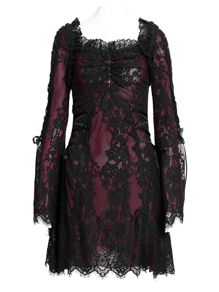 Gothic Lace Wine Red and Black Long Sleeve Mini Dress - image 4