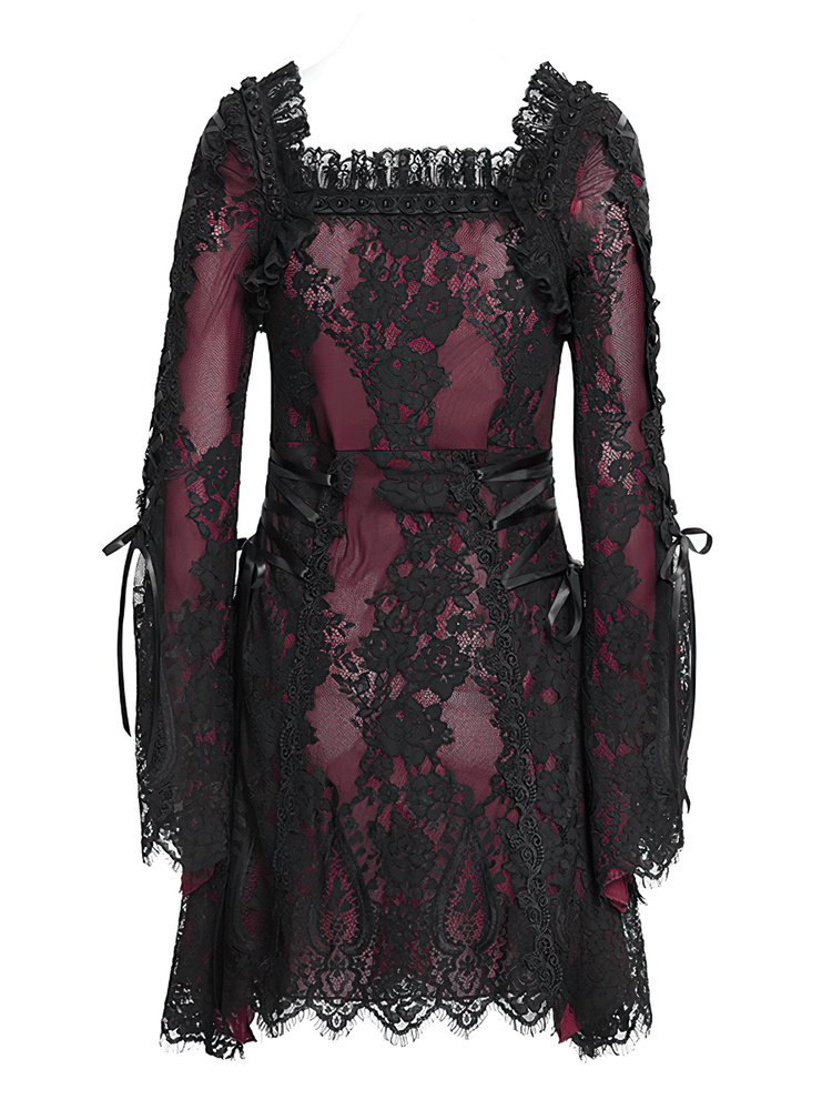 Gothic Lace Wine Red and Black Long Sleeve Mini Dress - image 6