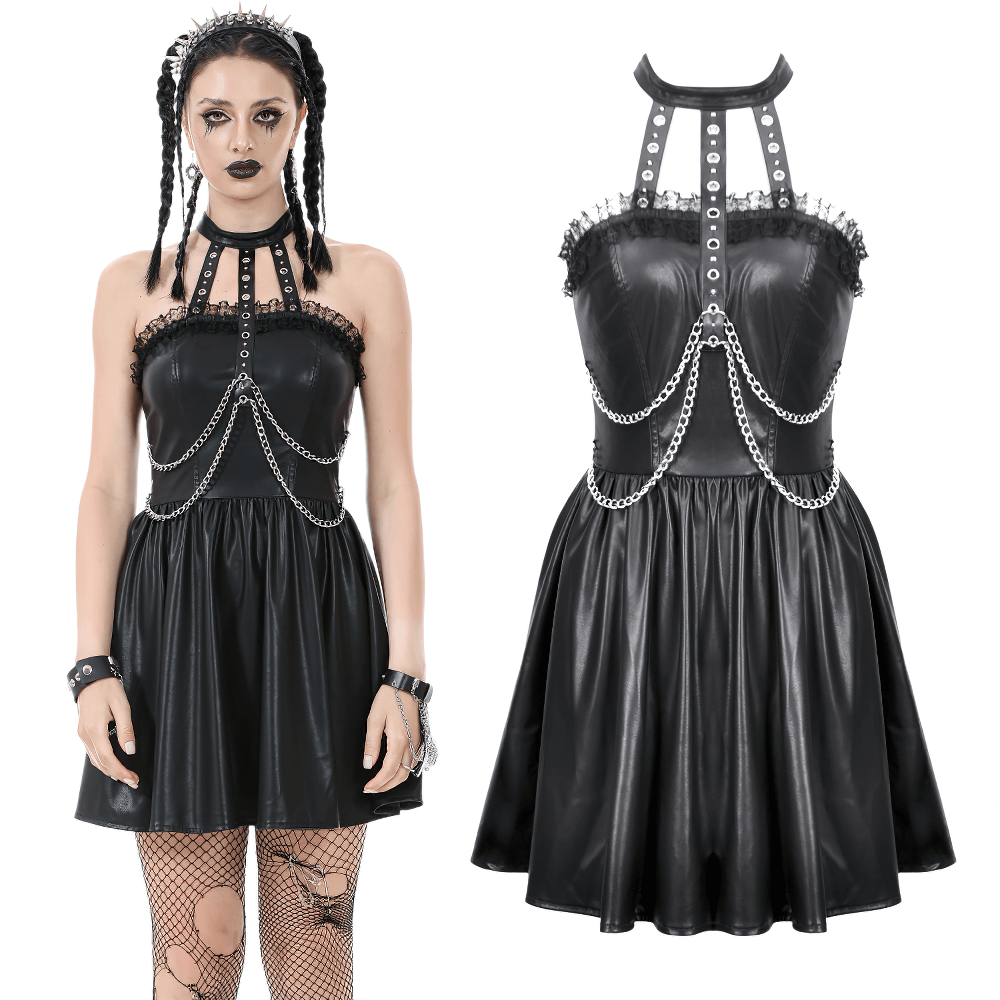 Gothic Leather Dress with Chain Details and Zipper Back - image 3