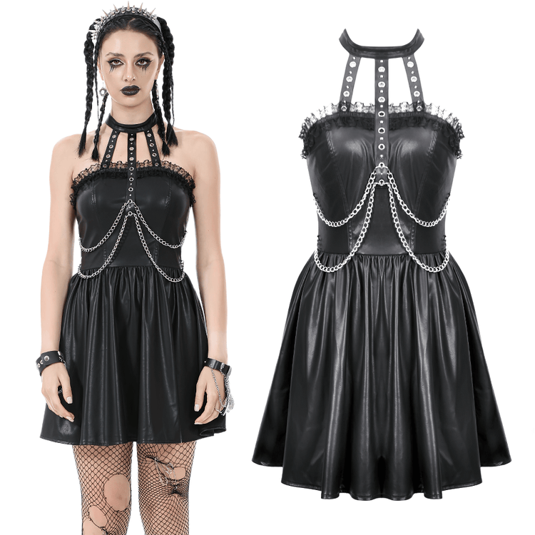Gothic Leather Dress with Chain Details and Zipper Back - image 3