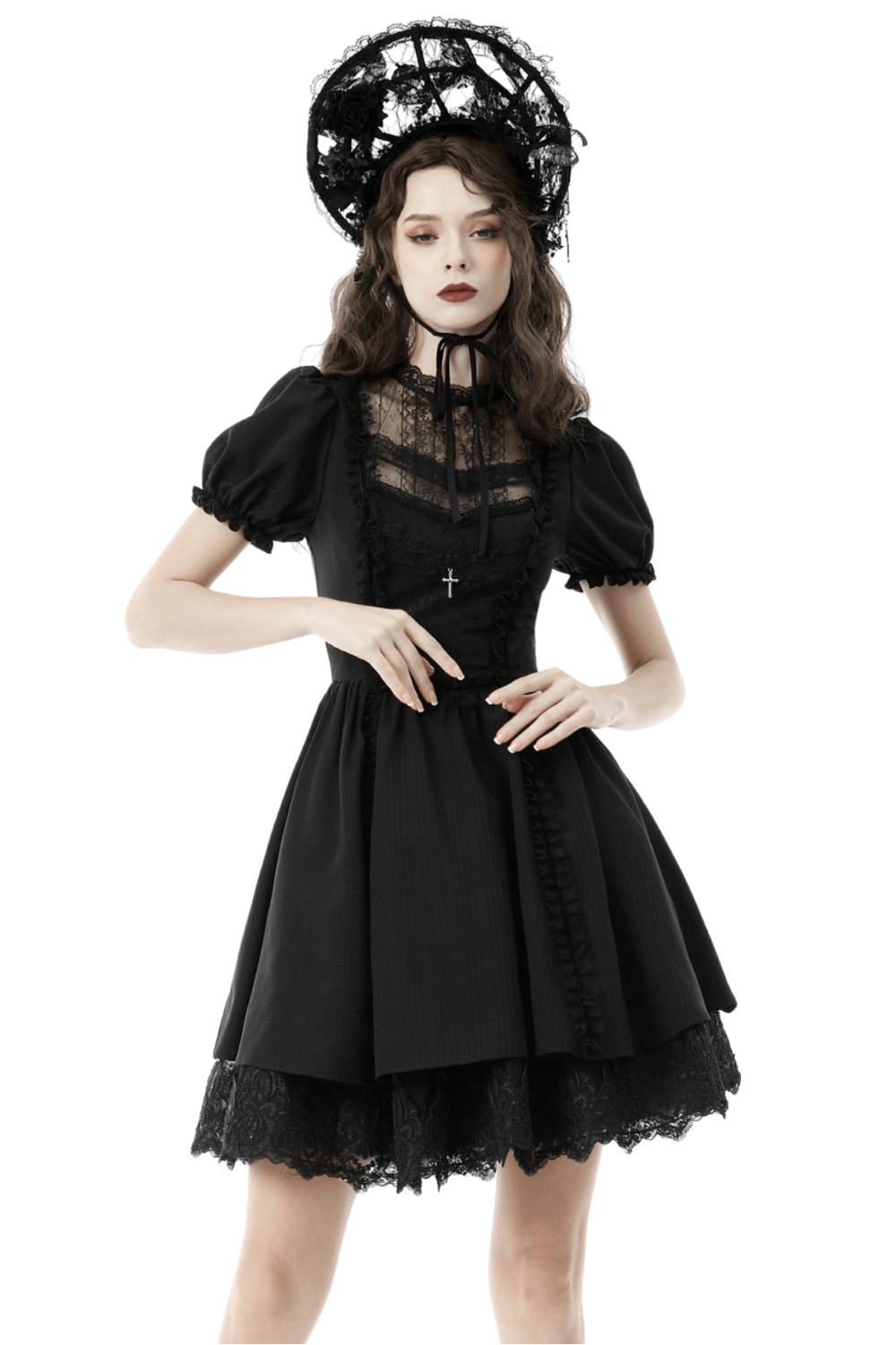 Gothic Lolita Black Lace Cross Tulle Short Dress - image 1