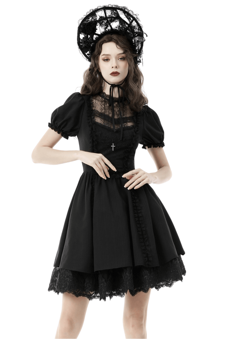 Gothic Lolita Black Lace Cross Tulle Short Dress - image 1