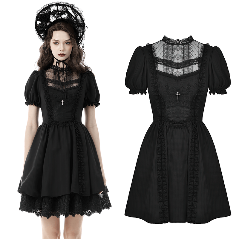 Gothic Lolita Black Lace Cross Tulle Short Dress - image 3