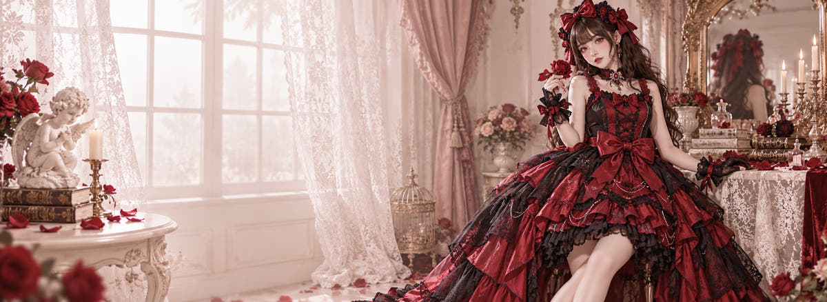 Gothic Lolita mobile homepage slide with red and black dress in a soft romantic rose interior