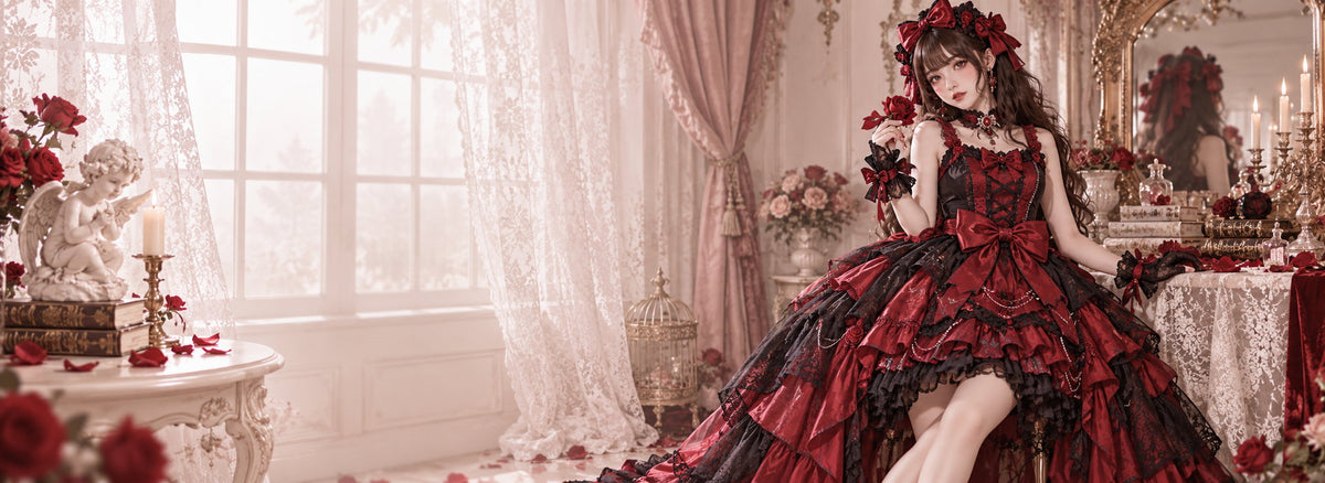 Gothic Lolita homepage slide with red and black dress and light cream text area