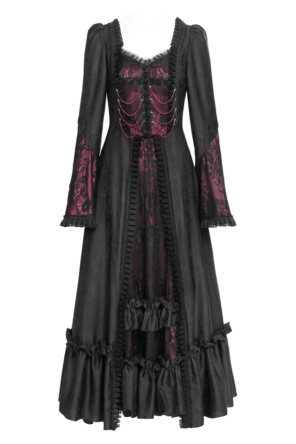 Gothic Long Black and Wine Red Lace Medieval Style Dress - image 4