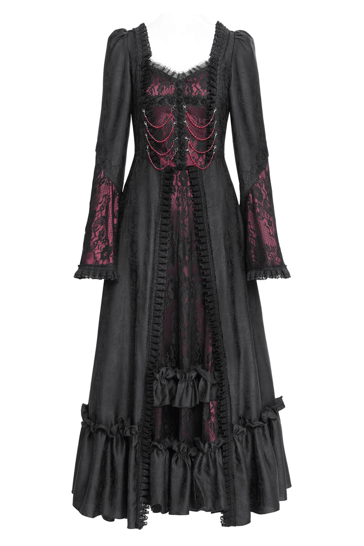 Gothic Long Black and Wine Red Lace Medieval Style Dress - image 4