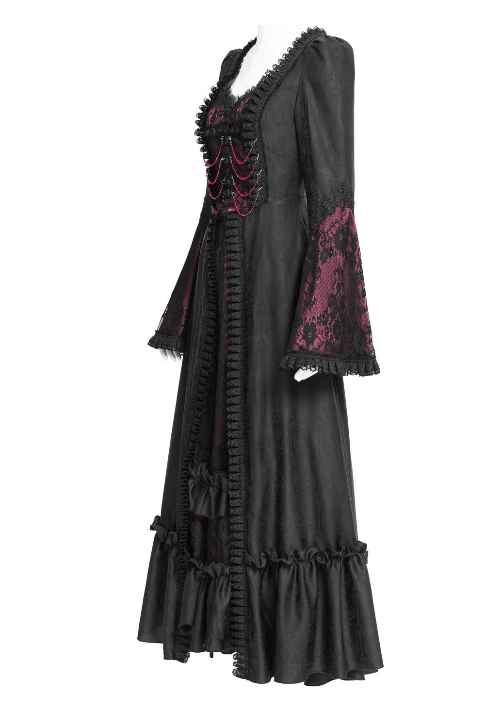 Gothic Long Black and Wine Red Lace Medieval Style Dress - image 5