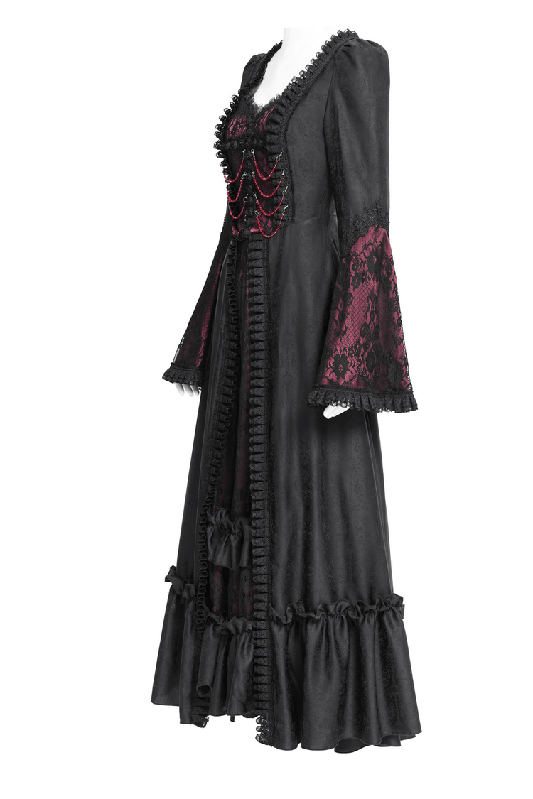 Gothic Long Black and Wine Red Lace Medieval Style Dress - image 5