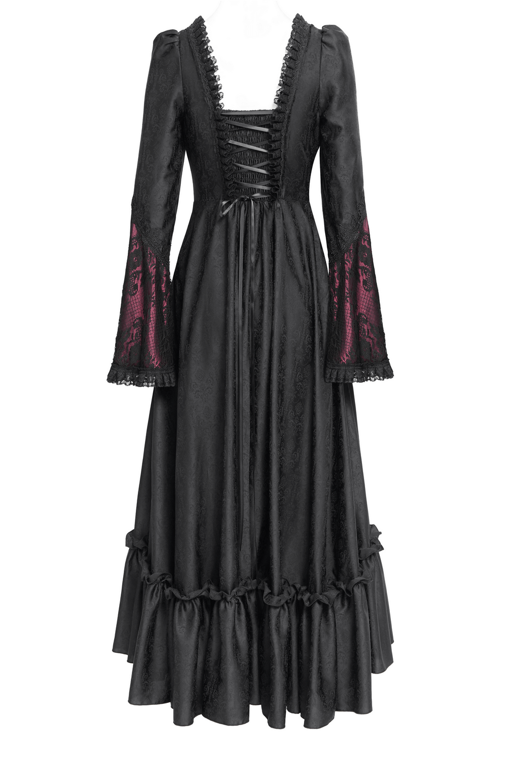 Gothic Long Black and Wine Red Lace Medieval Style Dress - image 6