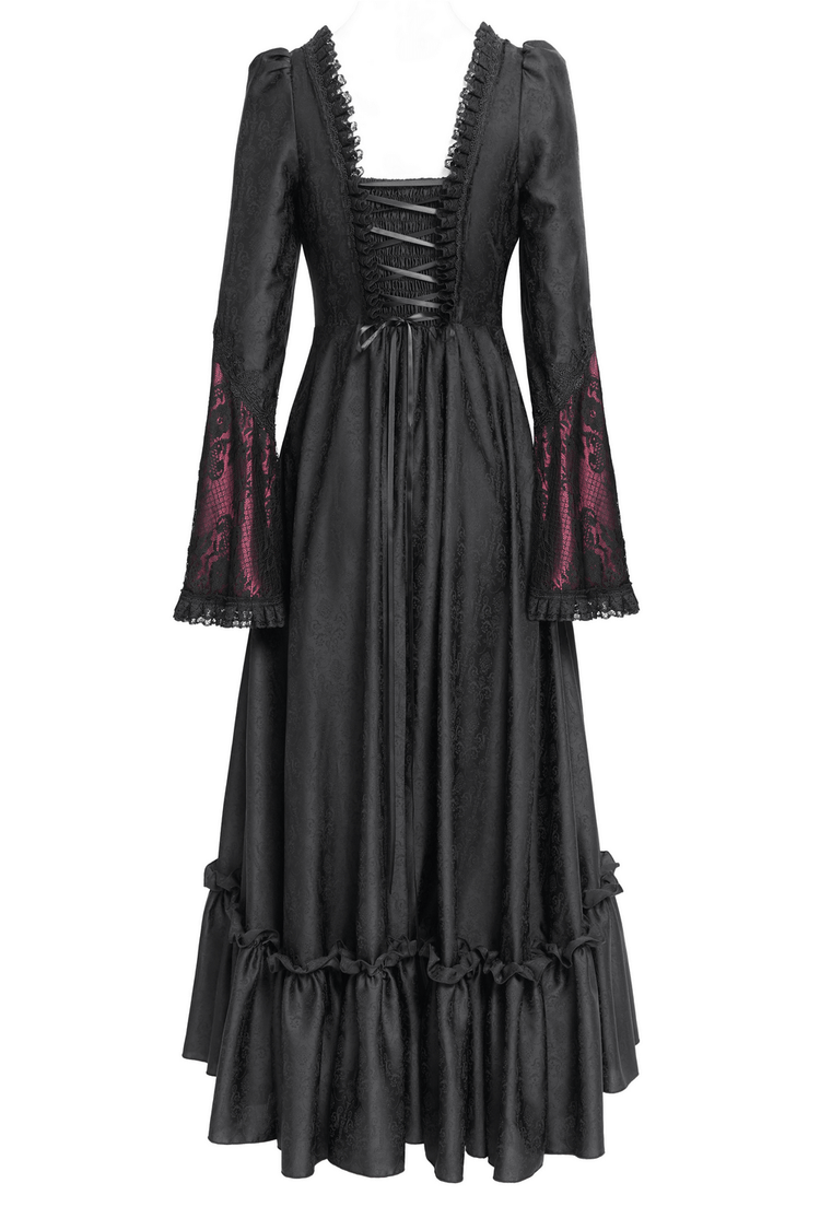 Gothic Long Black and Wine Red Lace Medieval Style Dress - image 6