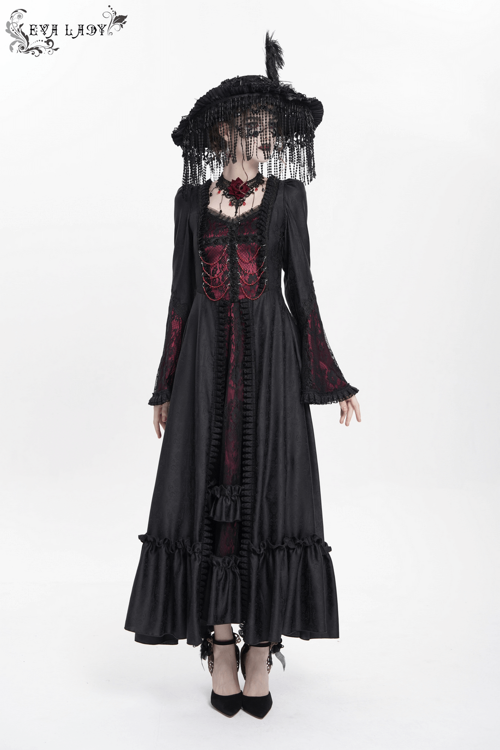 Gothic Long Black and Wine Red Lace Medieval Style Dress - image 16
