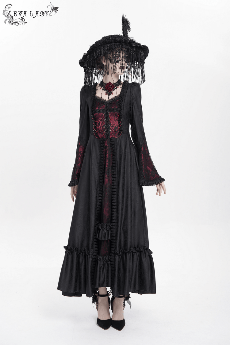 Gothic Long Black and Wine Red Lace Medieval Style Dress - image 16