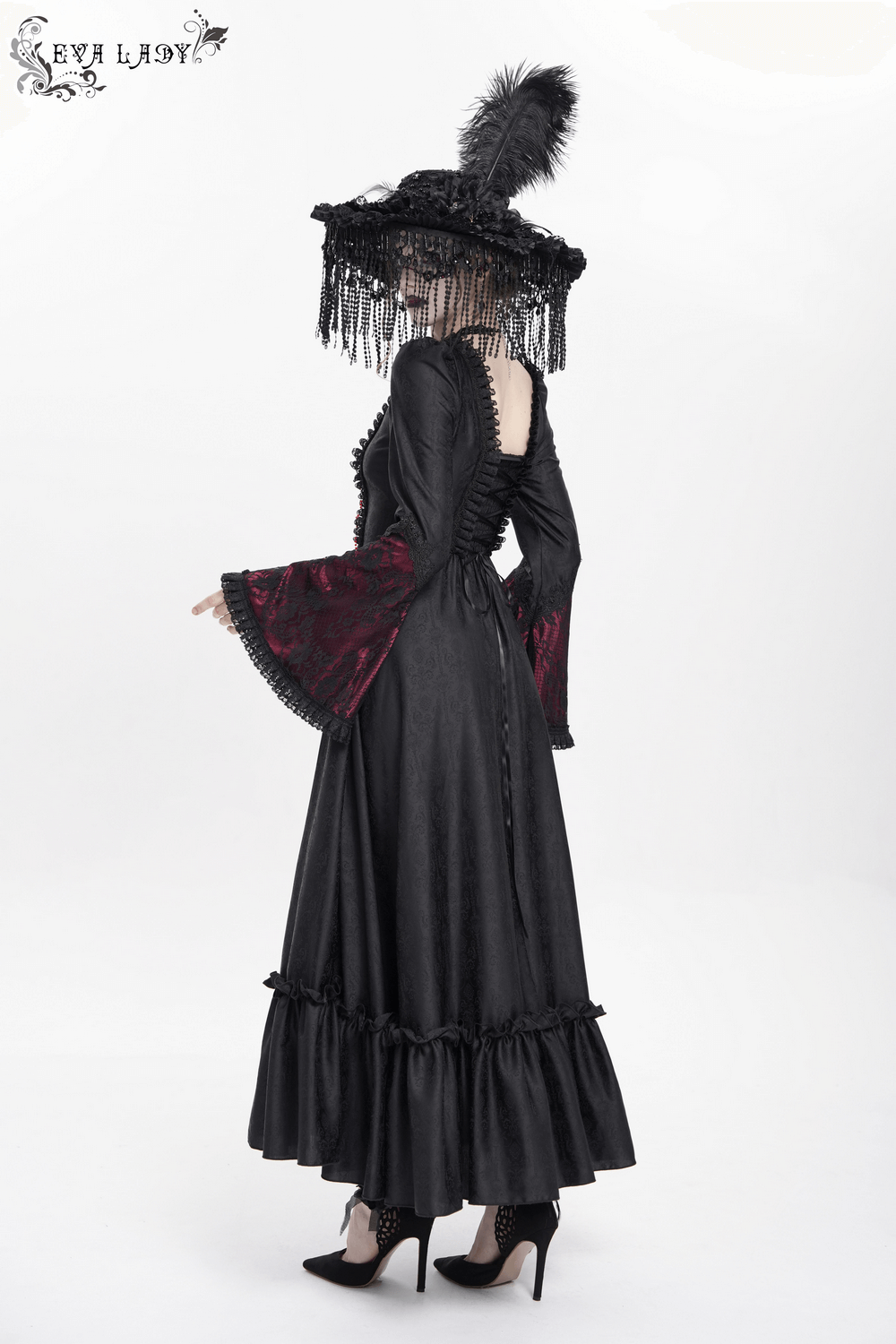 Gothic Long Black and Wine Red Lace Medieval Style Dress - image 17