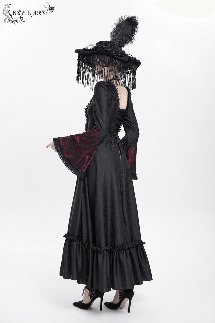 Gothic Long Black and Wine Red Lace Medieval Style Dress - image 17