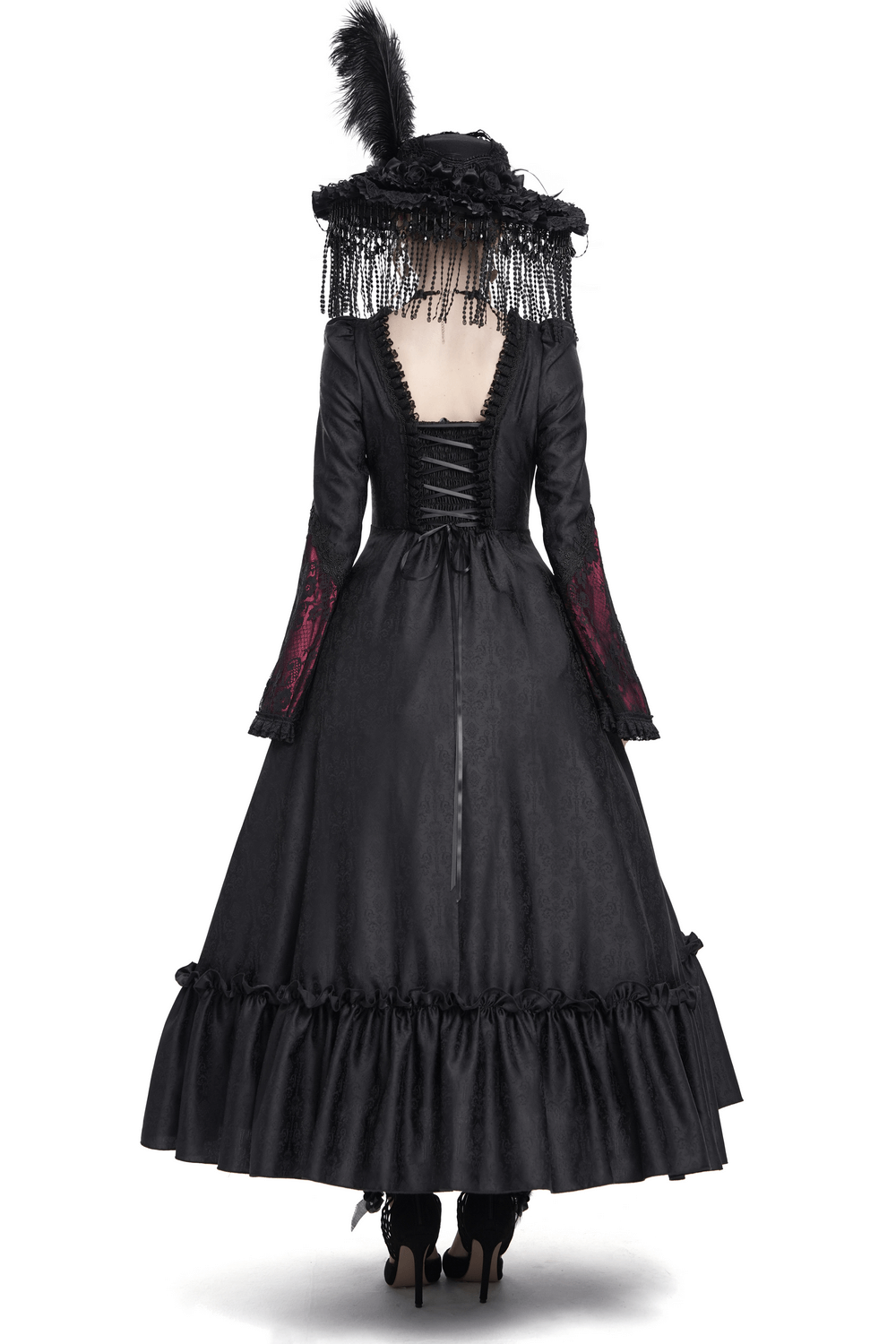 Gothic Long Black and Wine Red Lace Medieval Style Dress - image 2