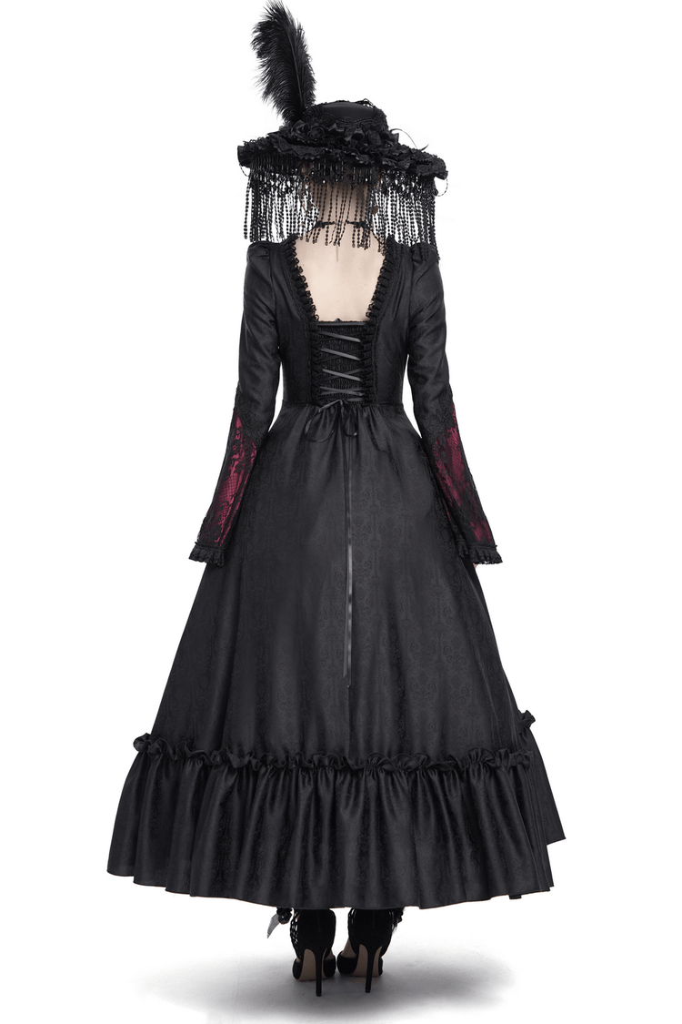Gothic Long Black and Wine Red Lace Medieval Style Dress - image 2