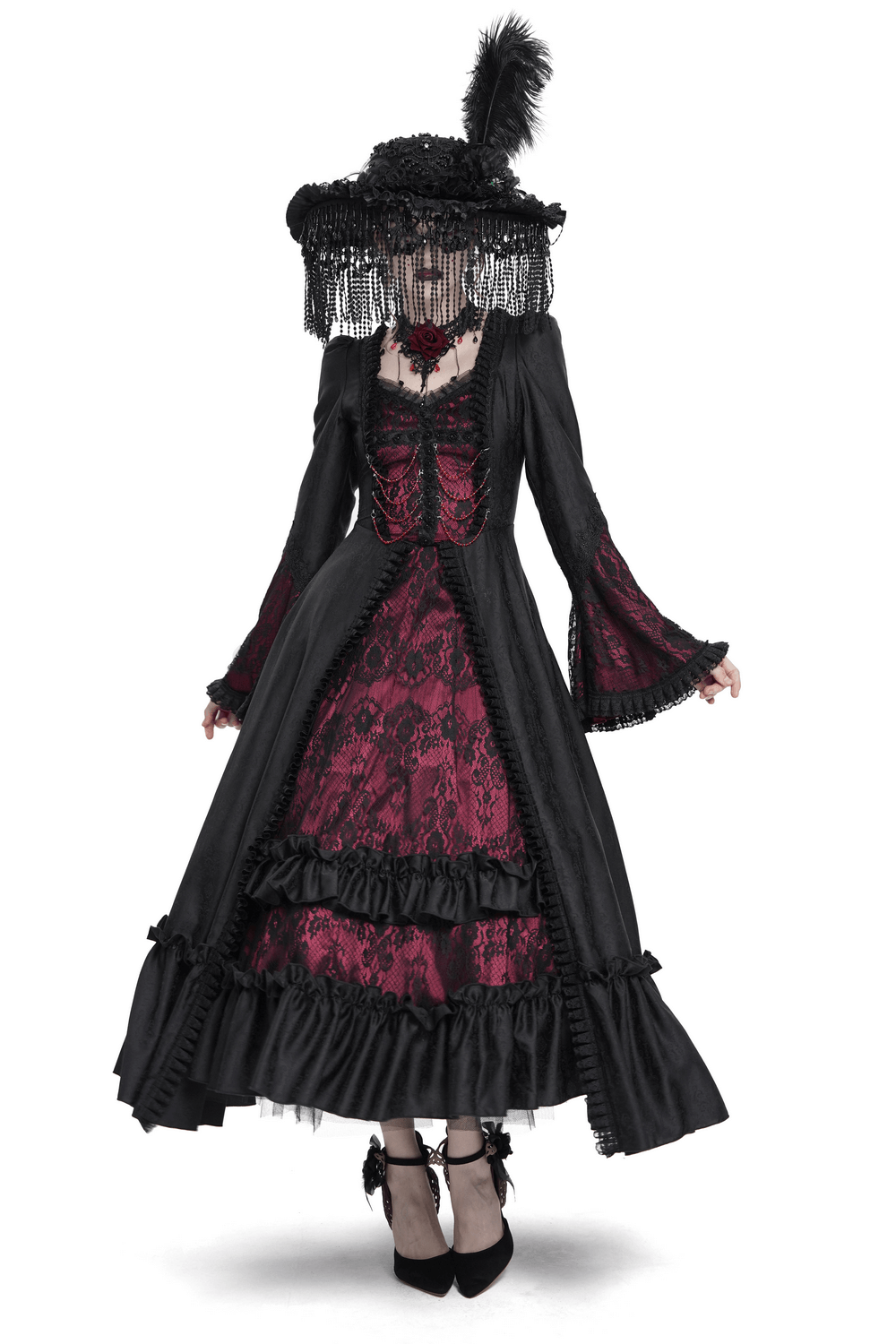 Gothic Long Black and Wine Red Lace Medieval Style Dress - image 1