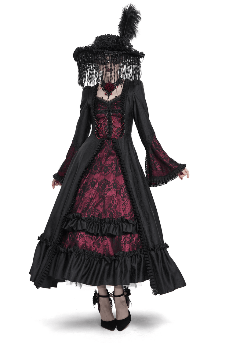 Gothic Long Black and Wine Red Lace Medieval Style Dress - image 1