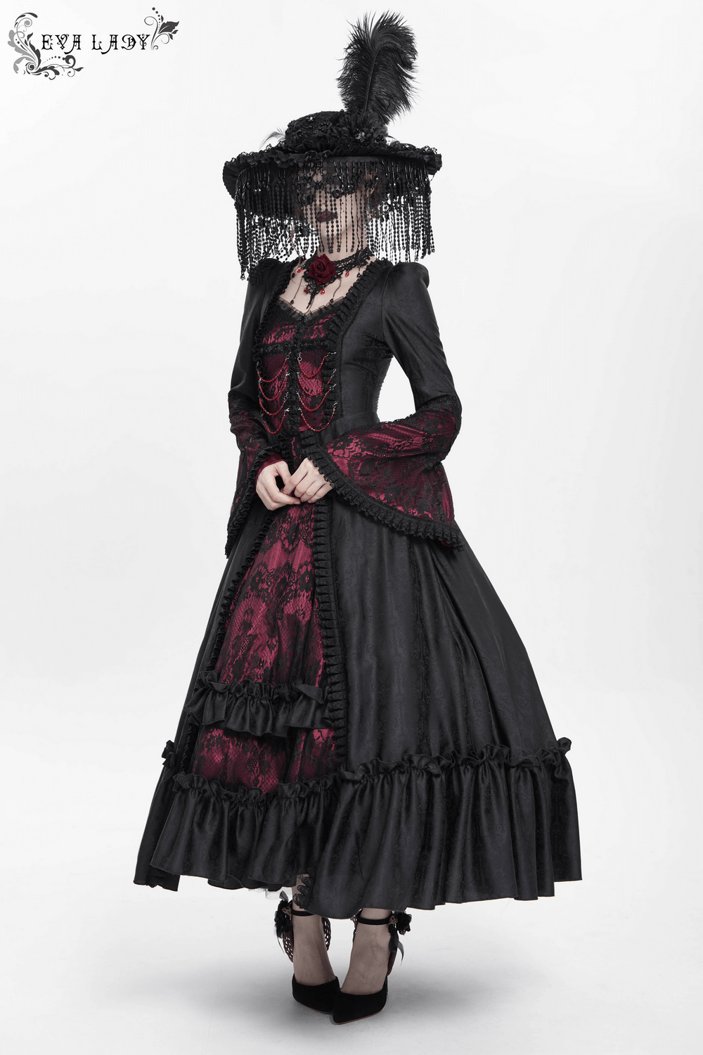 Gothic Long Black and Wine Red Lace Medieval Style Dress - image 18