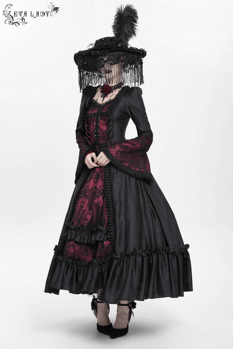 Gothic Long Black and Wine Red Lace Medieval Style Dress - image 18