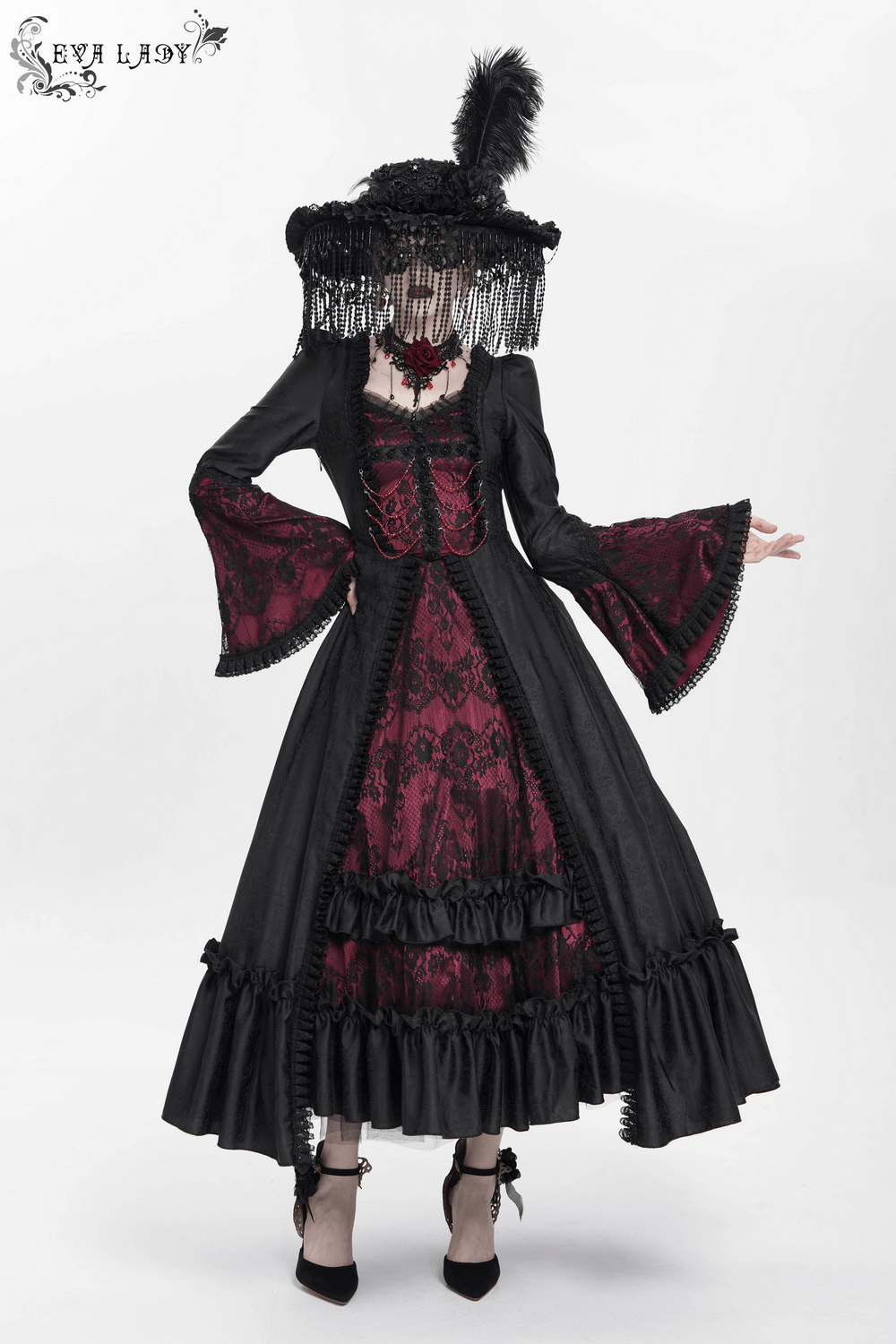 Gothic Long Black and Wine Red Lace Medieval Style Dress - image 19