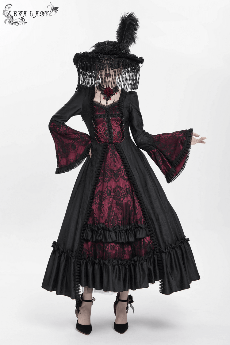 Gothic Long Black and Wine Red Lace Medieval Style Dress - image 19