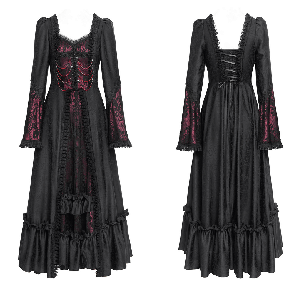 Gothic Long Black and Wine Red Lace Medieval Style Dress - image 3