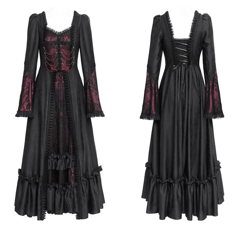 Gothic Long Black and Wine Red Lace Medieval Style Dress - image 3
