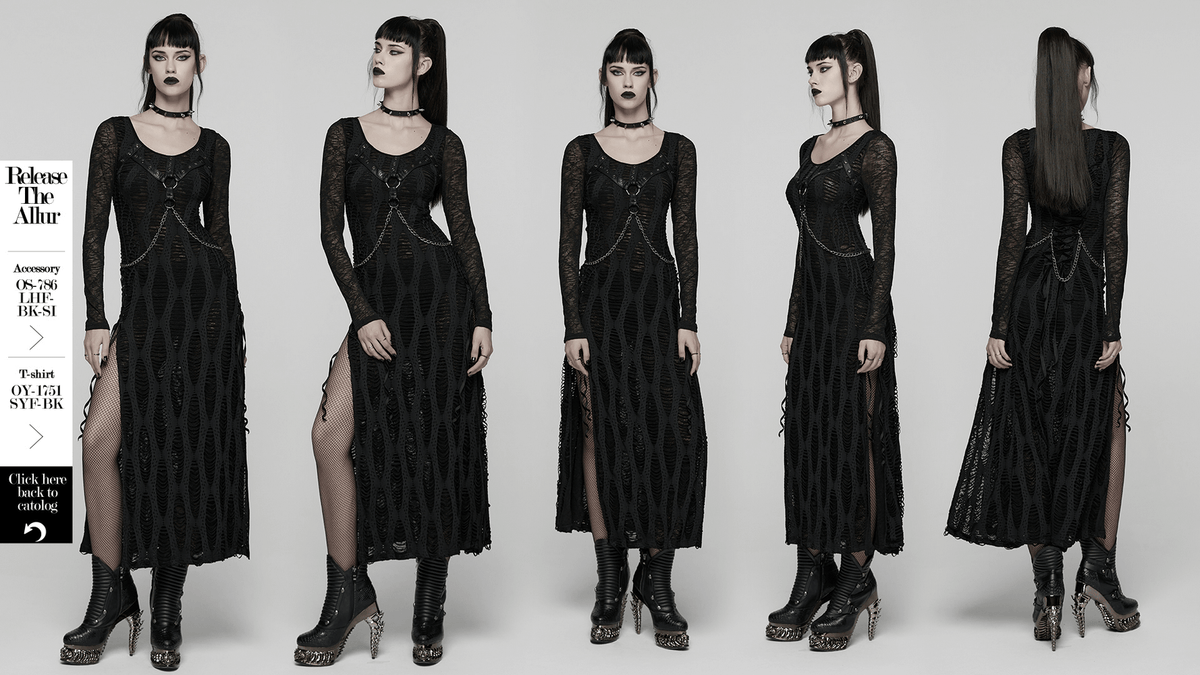 Gothic Long Sleeve Black Dress with Chains and Straps - image 14