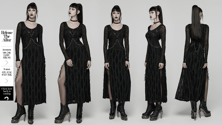 Gothic Long Sleeve Black Dress with Chains and Straps - image 14