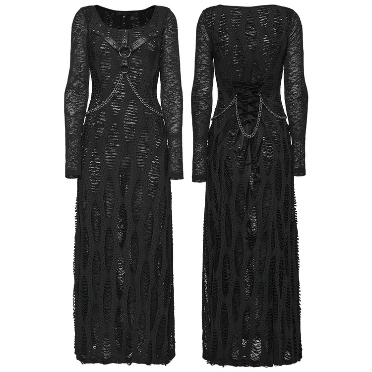 Gothic Long Sleeve Black Dress with Chains and Straps - image 3