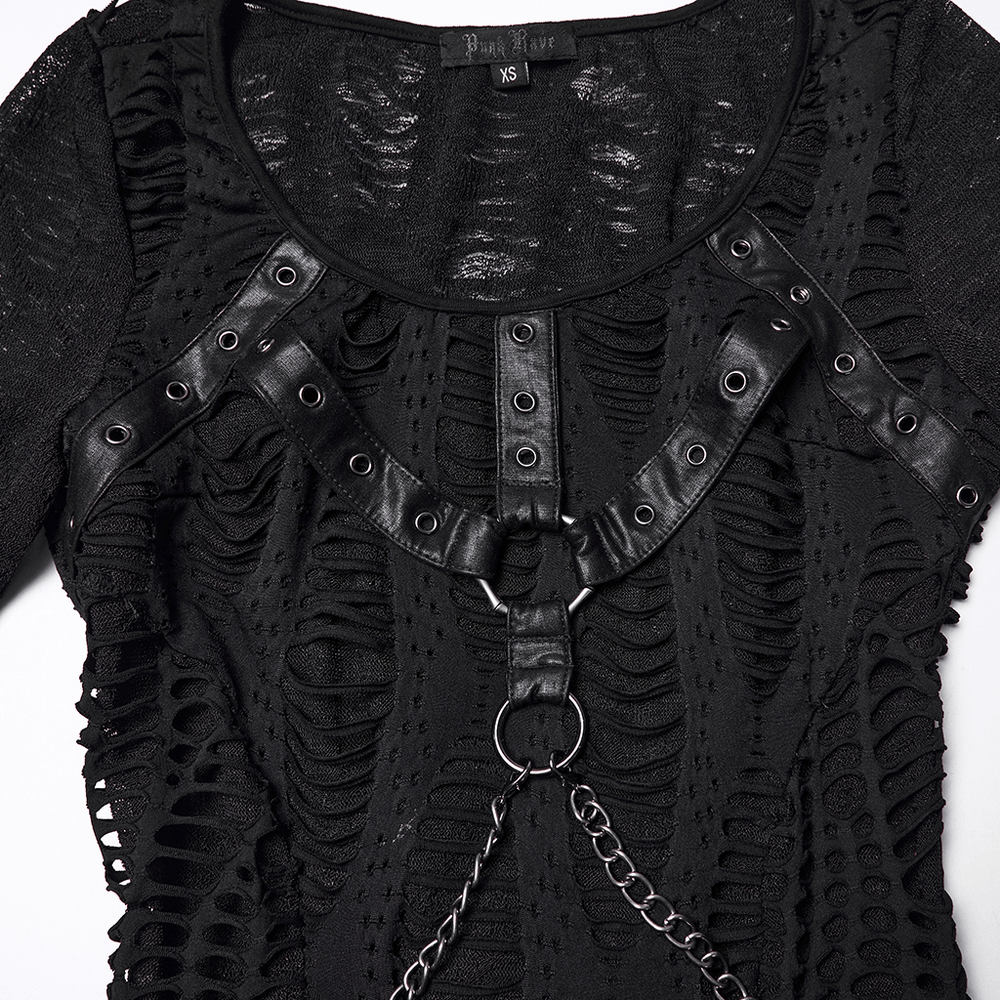 Gothic Long Sleeve Black Dress with Chains and Straps - image 8