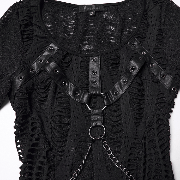 Gothic Long Sleeve Black Dress with Chains and Straps - image 8