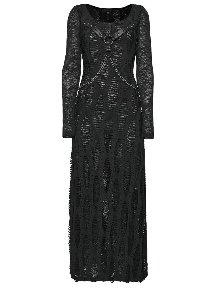 Gothic Long Sleeve Black Dress with Chains and Straps - image 4