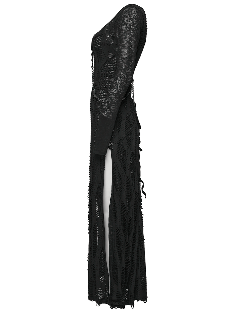 Gothic Long Sleeve Black Dress with Chains and Straps - image 5