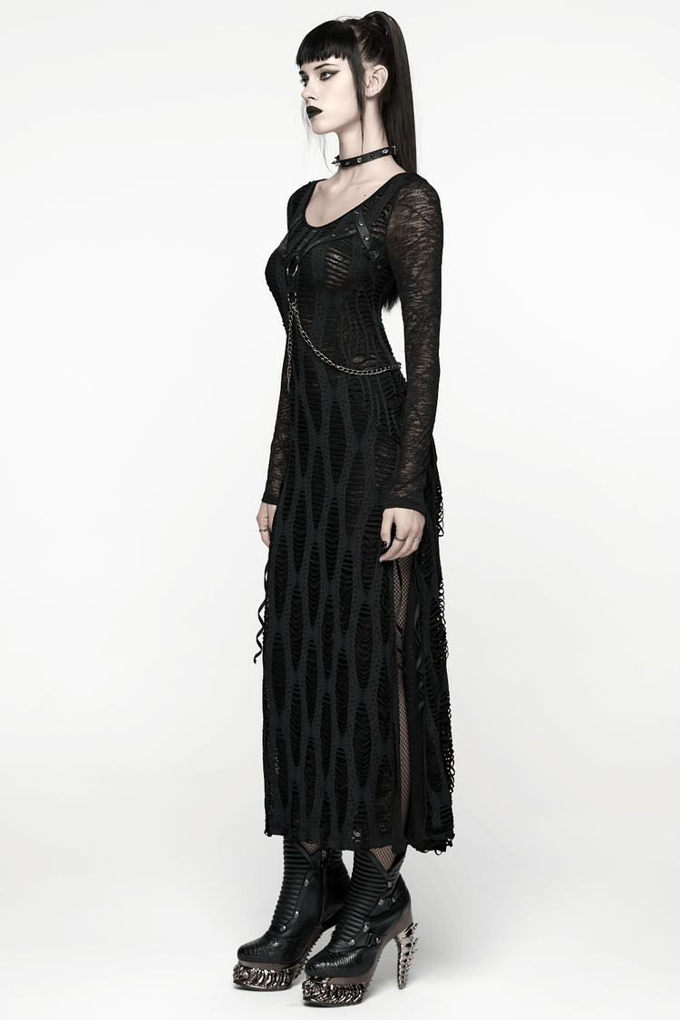 Gothic Long Sleeve Black Dress with Chains and Straps - image 12