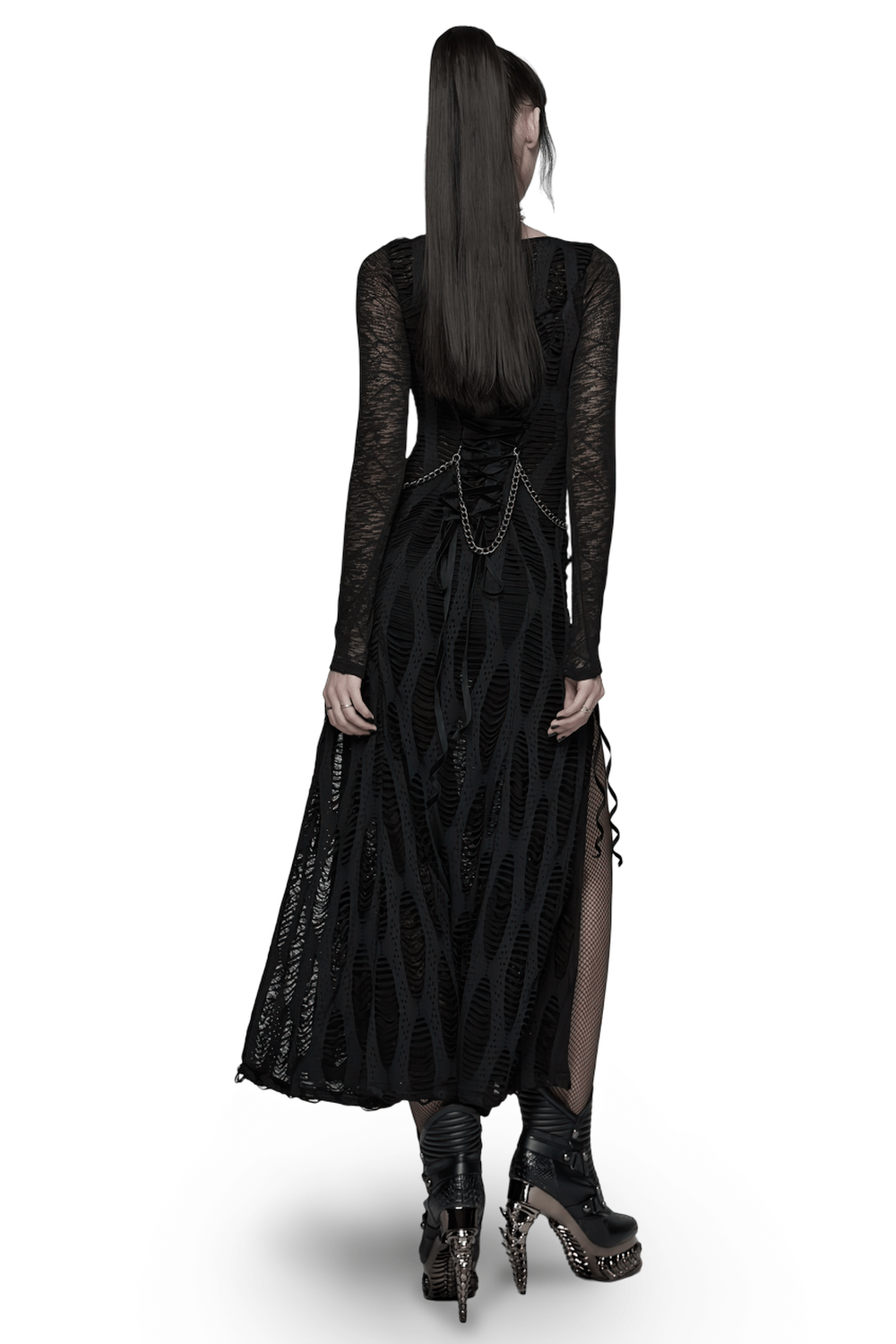 Gothic Long Sleeve Black Dress with Chains and Straps - image 2