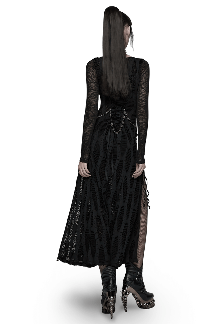Gothic Long Sleeve Black Dress with Chains and Straps - image 2