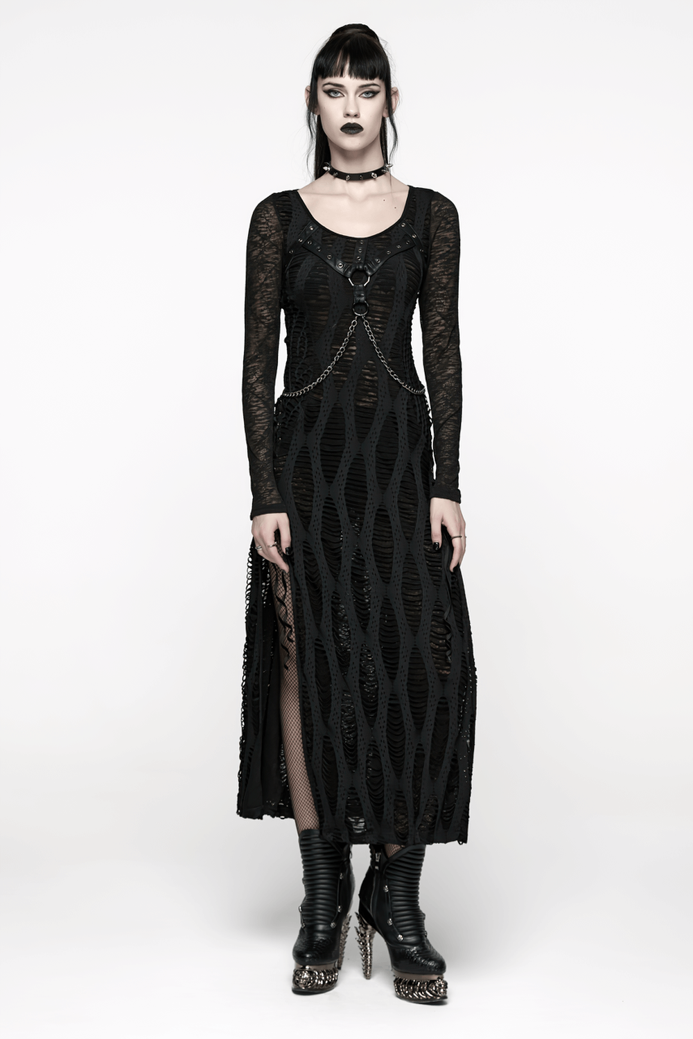 Gothic Long Sleeve Black Dress with Chains and Straps - image 11