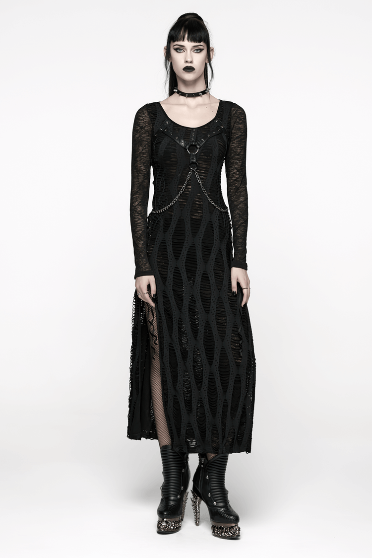 Gothic Long Sleeve Black Dress with Chains and Straps - image 11