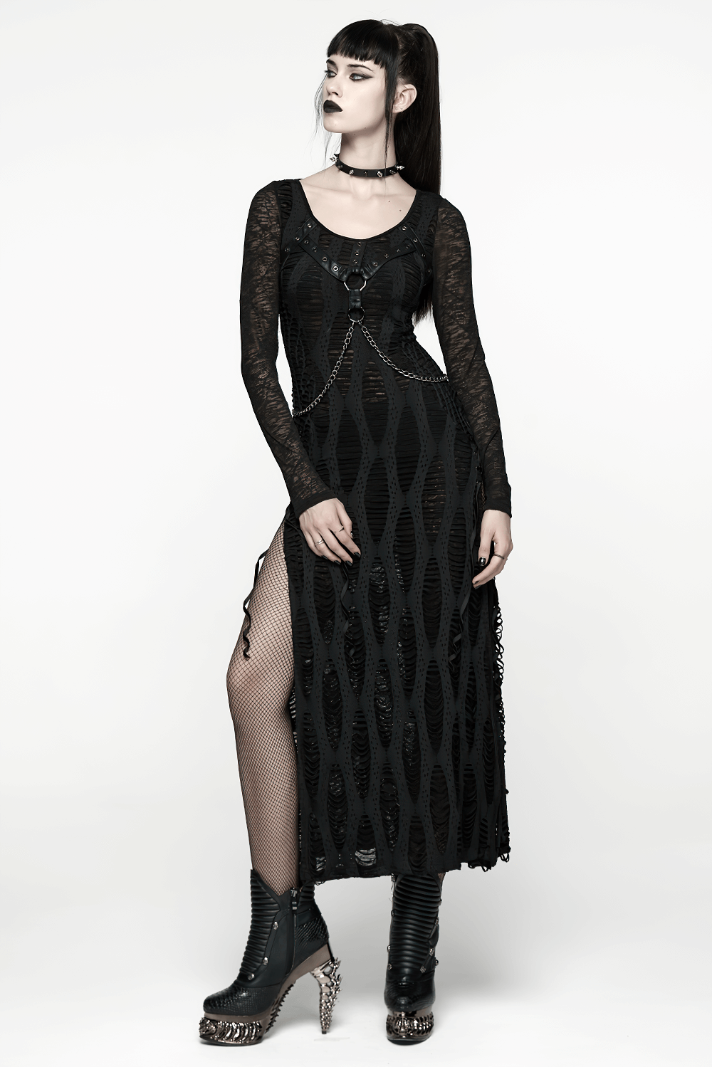 Gothic Long Sleeve Black Dress with Chains and Straps - image 13