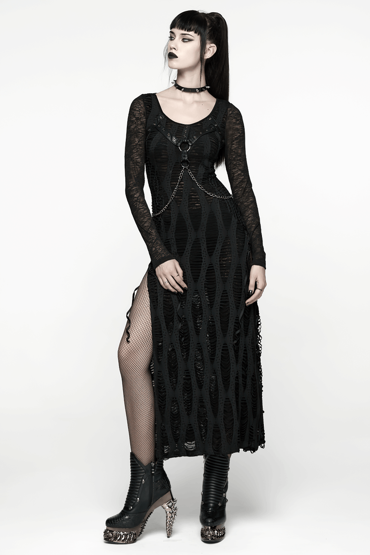 Gothic Long Sleeve Black Dress with Chains and Straps - image 13