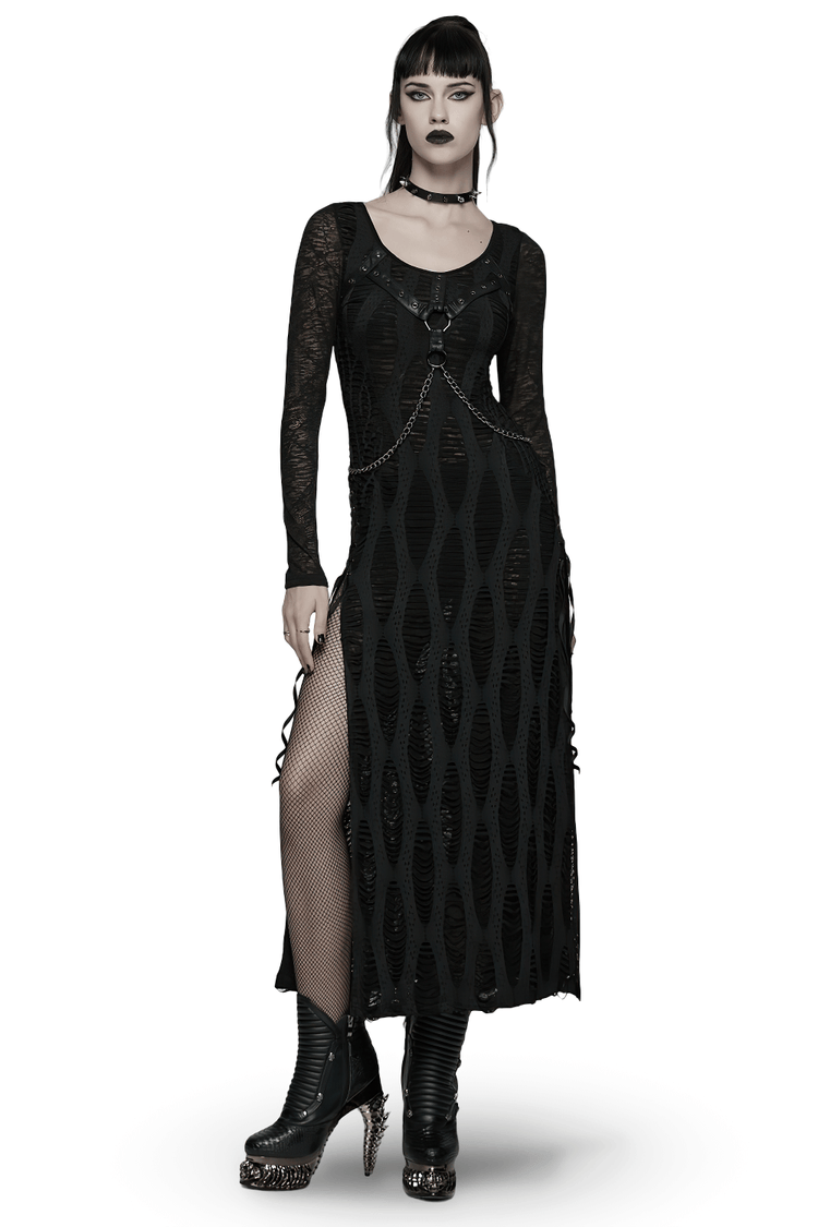 Gothic Long Sleeve Black Dress with Chains and Straps - image 1
