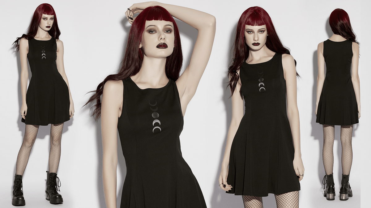 Gothic Moon Phase Skater Black Dress for Women - image 15