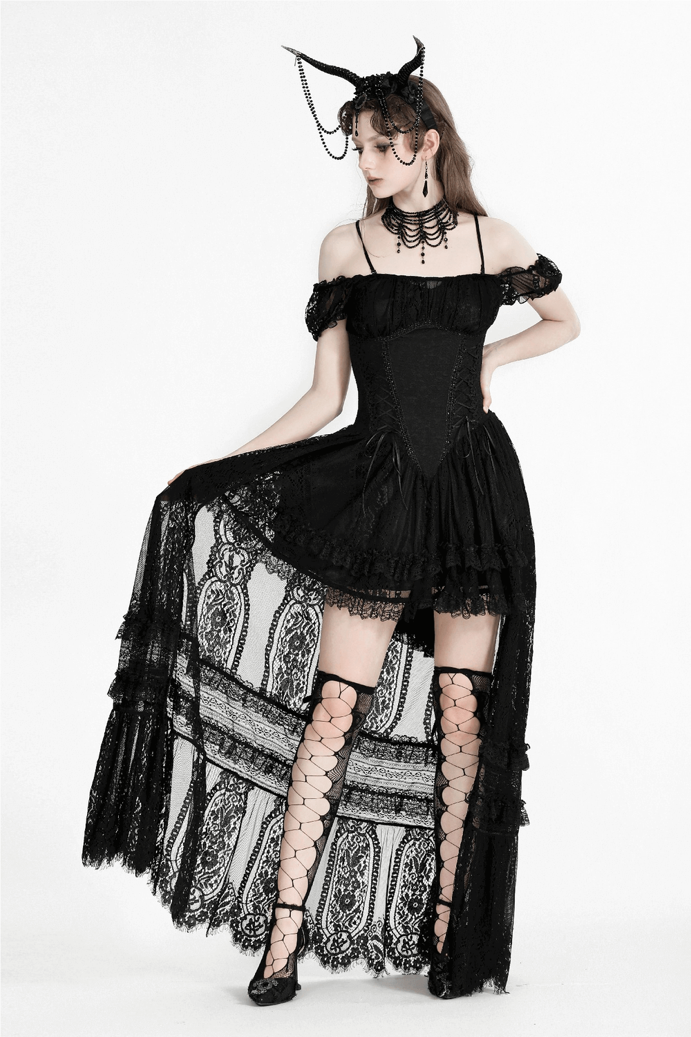 Gothic Off-Shoulder Lace High-Low Dress for Women - image 17