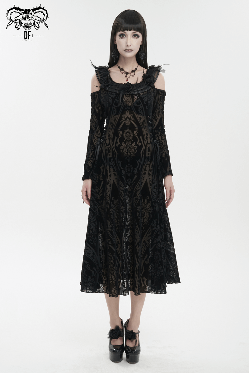 Gothic Off Shoulder Semi Transperent Dress / Women's Pattern Ruffled Dress - image 7
